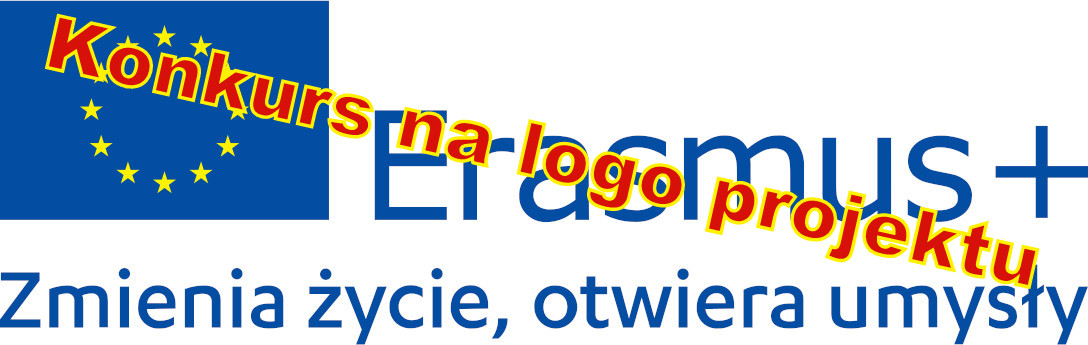 Ilustracja prezentująca oficjale logo Erasmus i informujące o konkursie na szkolne logo projektu erasmus