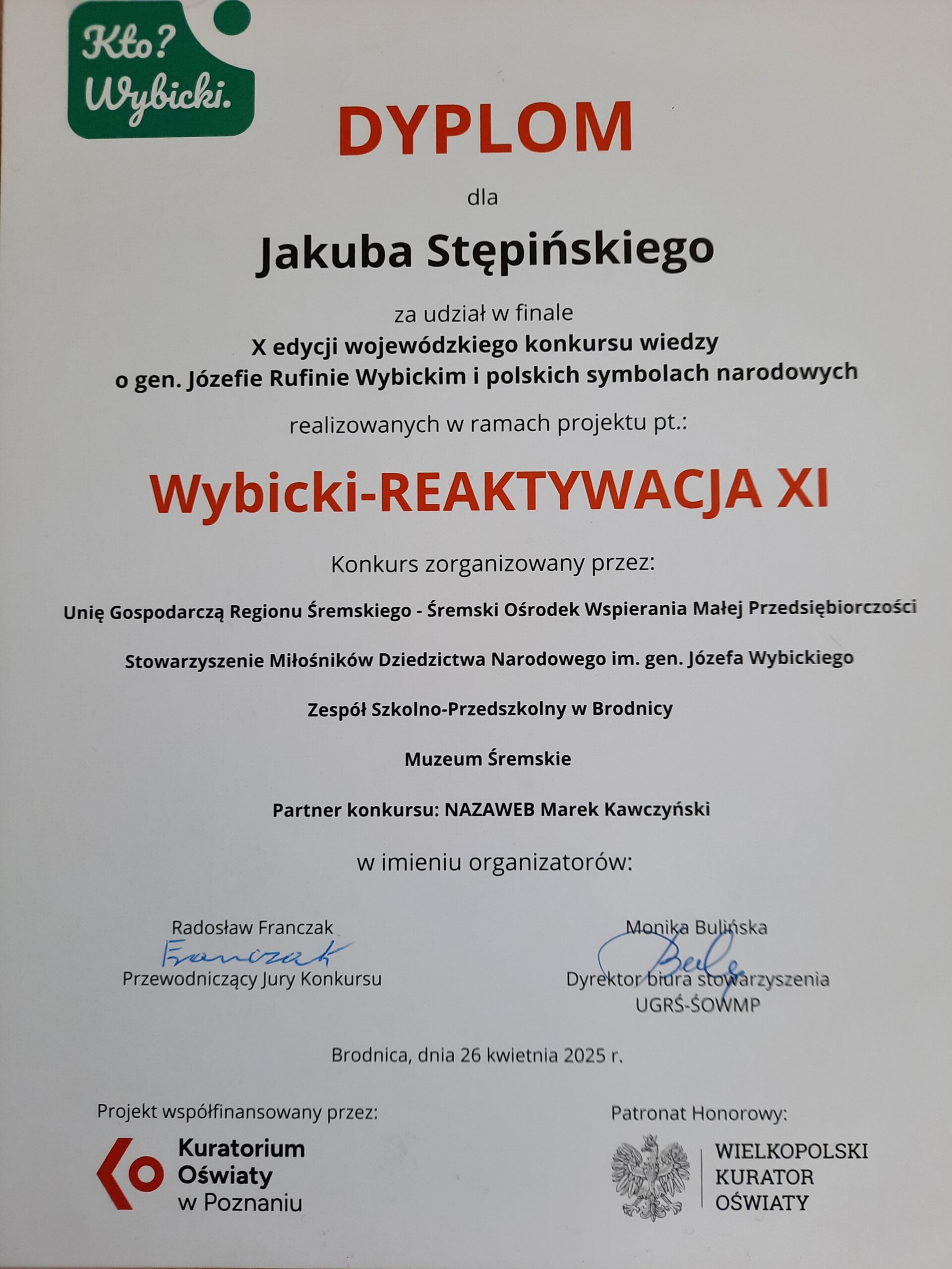 WOJEWÓDZKI KONKURS WIEDZY O GENERALE JÓZEFIE WYBICKIM I POLSKICH SYMBOLACH NARODOWYCH